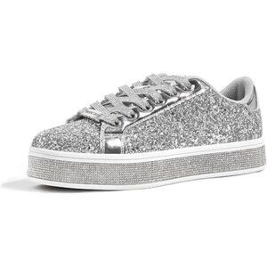 Lucky Step Women's Silver Platform Glitter Sneakers Sparkly Bling Shiny Dressy
